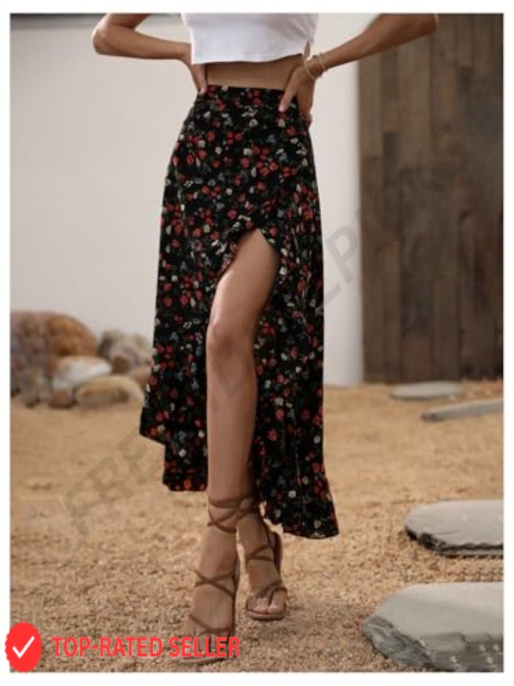 Boho Floral Maxi Skirt High Waisted Ruffle Split Thigh Elegant Chic - Picture 4 of 6